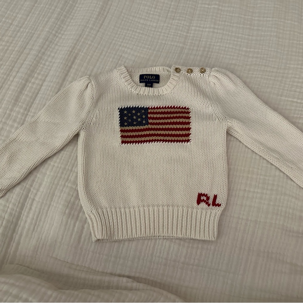 3T Girls Polo Ralph Lauren American Flag Knit Sweater in Cream